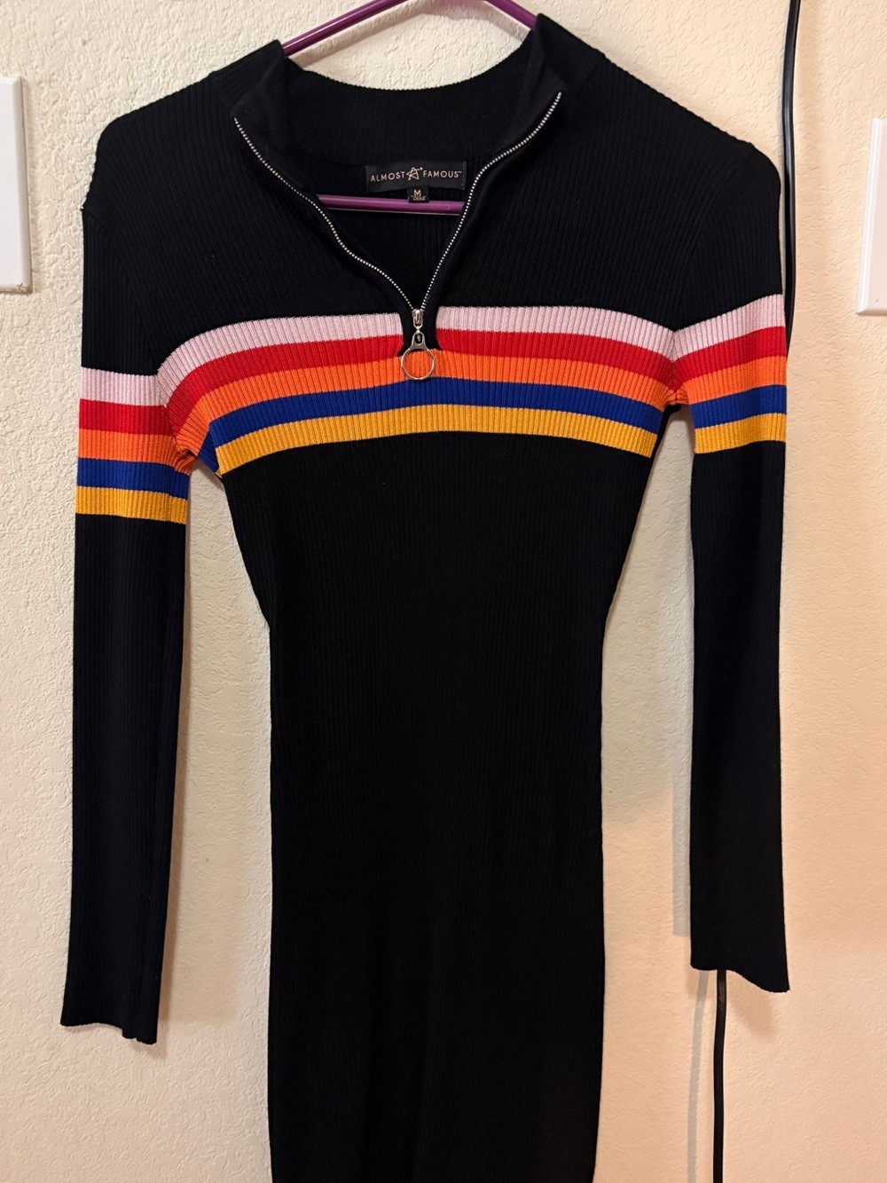 Almost Famous Black Ribbed Long-Sleeve Dress with Rainbow Stripe Detail